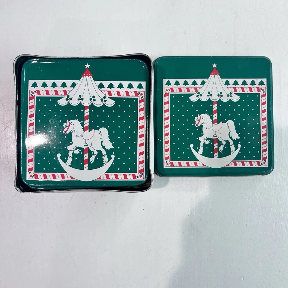 1990 Tin Vintage Coasters Set Of 6 Christmas Cork‎ Back Marry Go Around Green